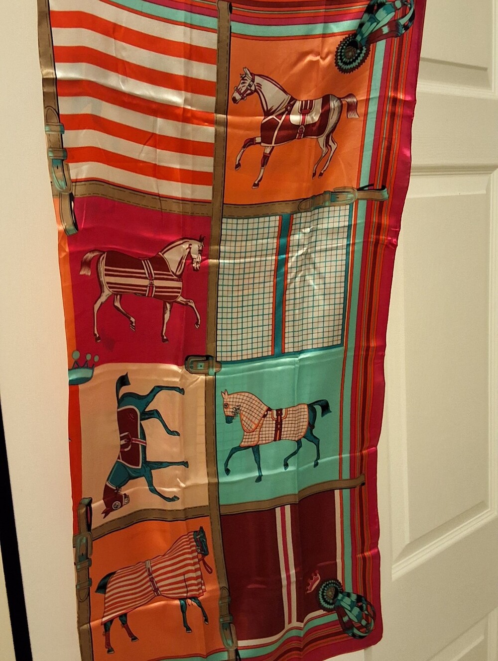 NEW, Vibrant Equestrian Print Silk Scarf - Orange, Teal, Fuchsia - Picture 3 of 7